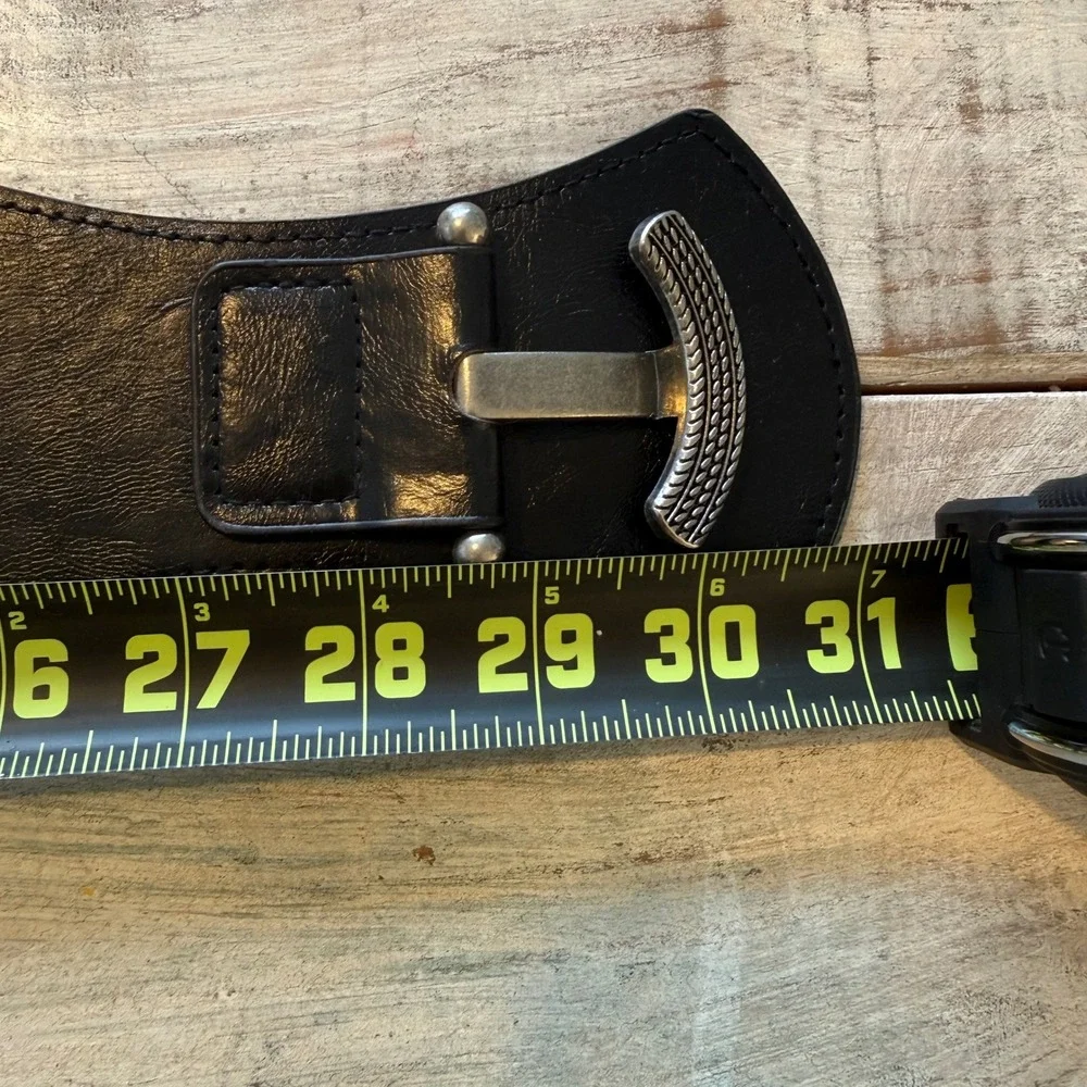 Black Wide Elastic Cinch Belt Hammered Silver Tone Metal Hook Buckle Boho 31in